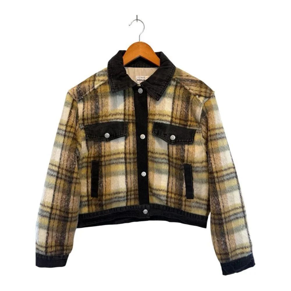 Women’s For The Republic Black and Tan Cropped Plaid and Denim Jacket